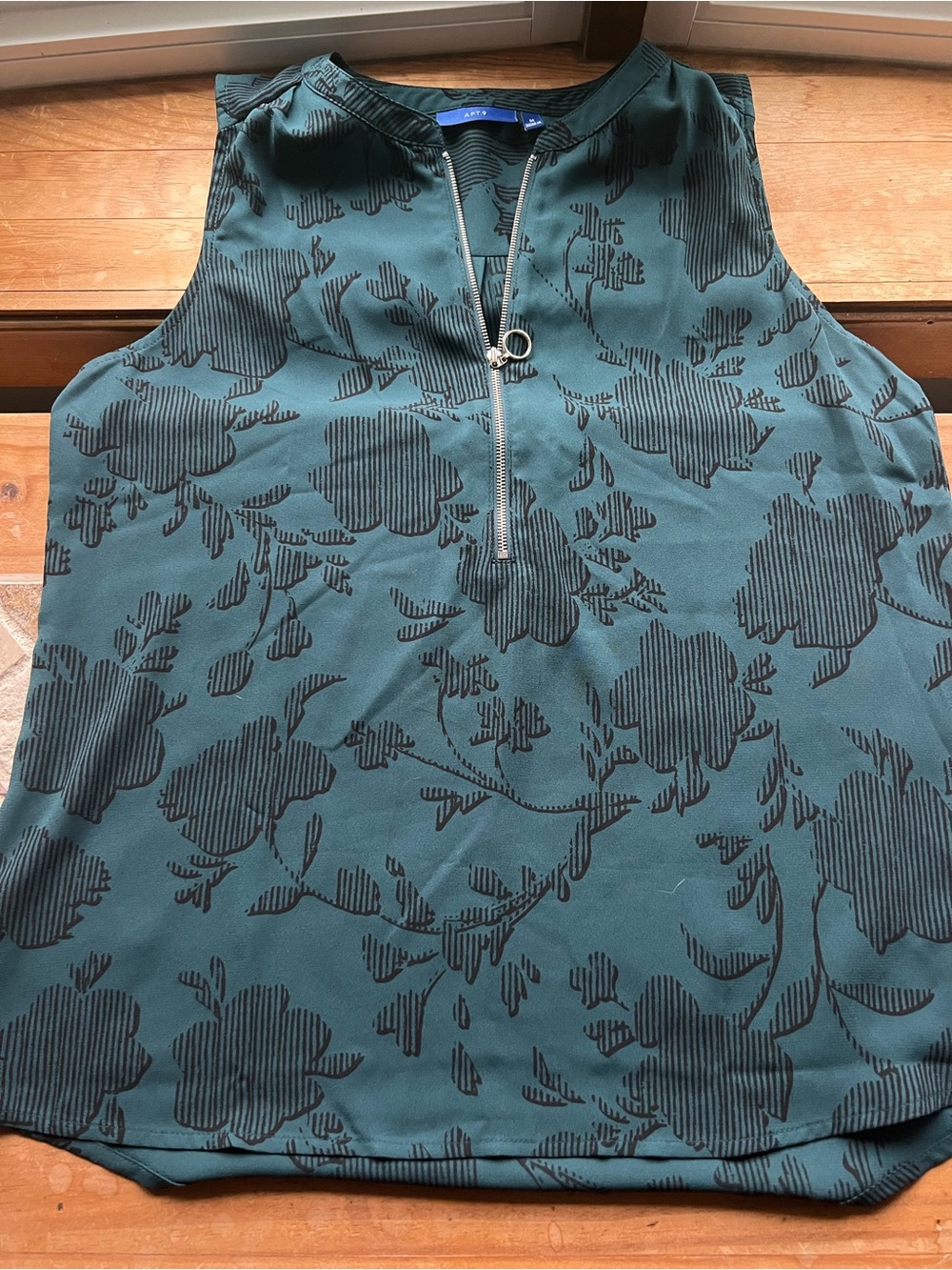 Apt. 9 Green/Black Floral V-Neck Zip Sleeveless Blouse Women’s M # 454
